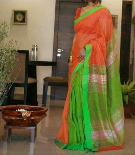 Orange Green Handloom Ghicha Sarees