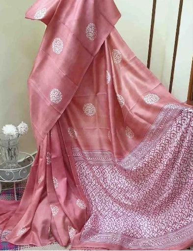 Peach And white Block Printed Pure Silk Mark Certified Murshidabad Silk Sarees Get Extra 10% Discount on All Prepaid Transaction