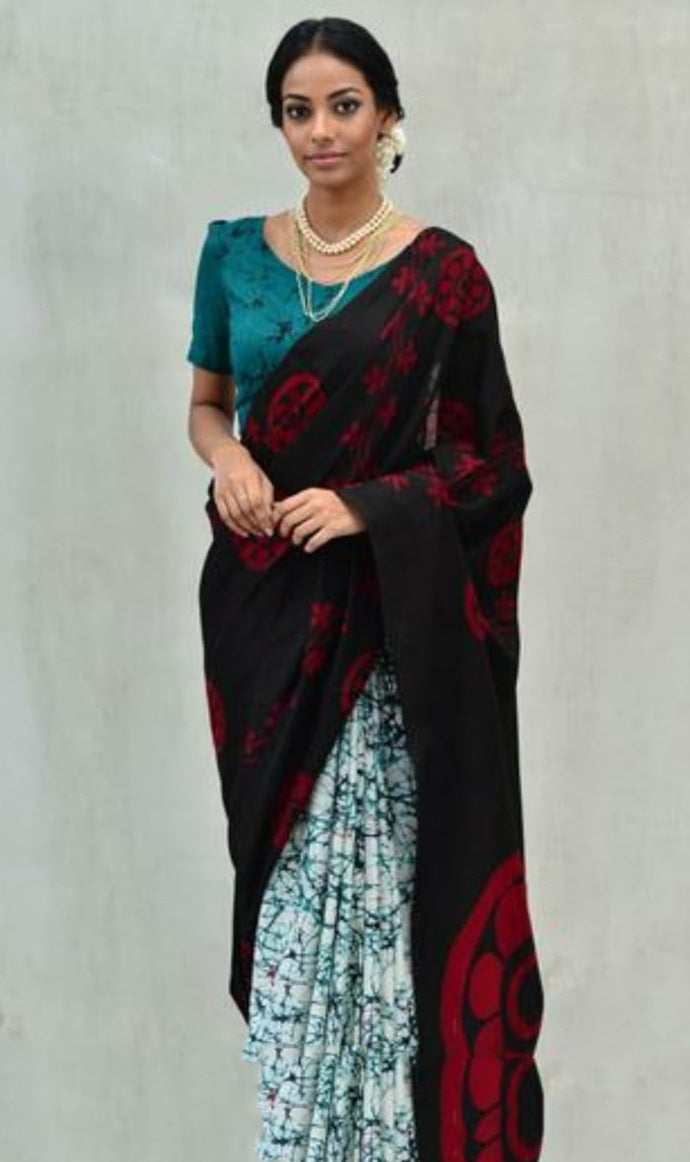 Black Half and Half Mulmul Batik Sarees