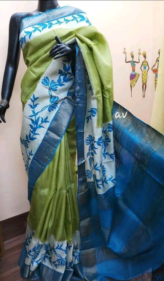 Blue Green Hand Painted Zari Border Pure Silk Mark Certified Tussar Silk Sarees - Dailybuyys