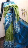 Blue Green Hand Painted Zari Border Pure Silk Mark Certified Tussar Silk Sarees