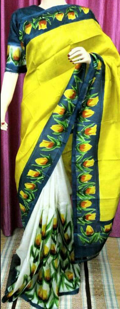 Yellow Hand Painted Pure Silk Mark Certified Bishnupuri Silk Sarees