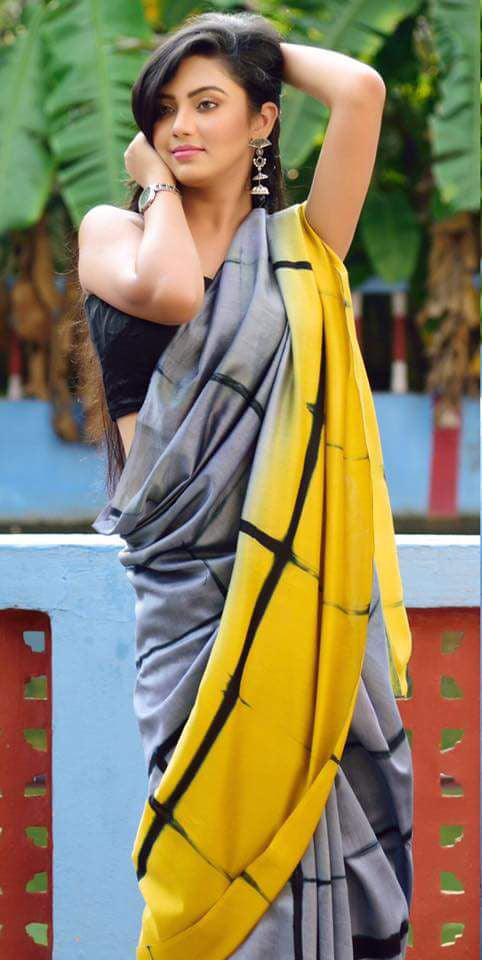 Grey Yellow Mulmul Batik Sarees