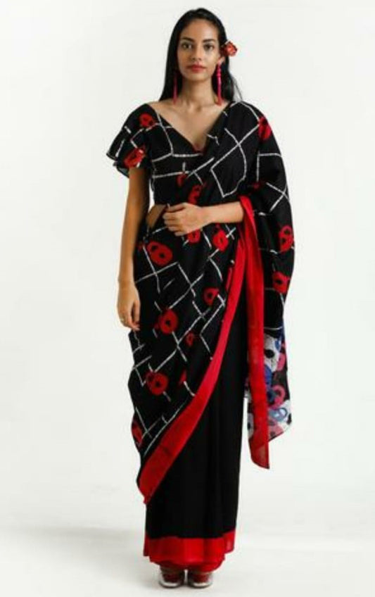 Black Red Mulmul Batik Sarees