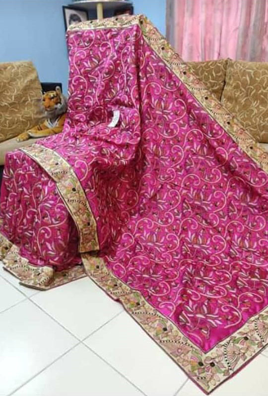 Violet Kantha Stitch Design Dupion Silk Sarees