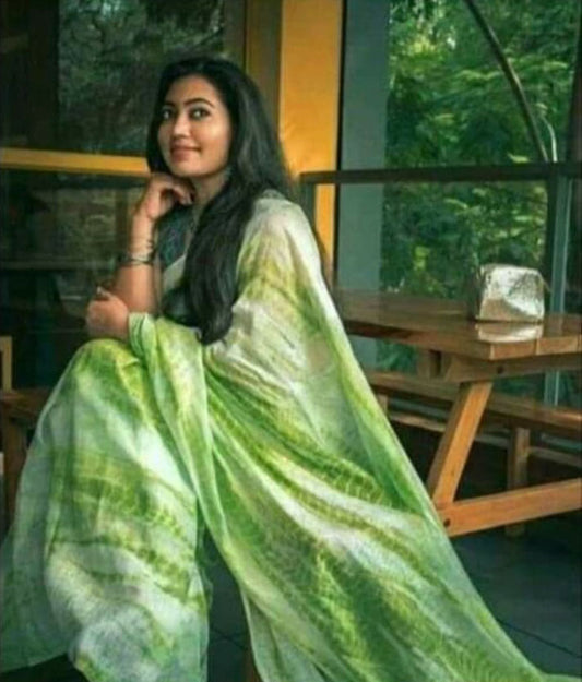 Green Shibori Print Pure Linen Sarees