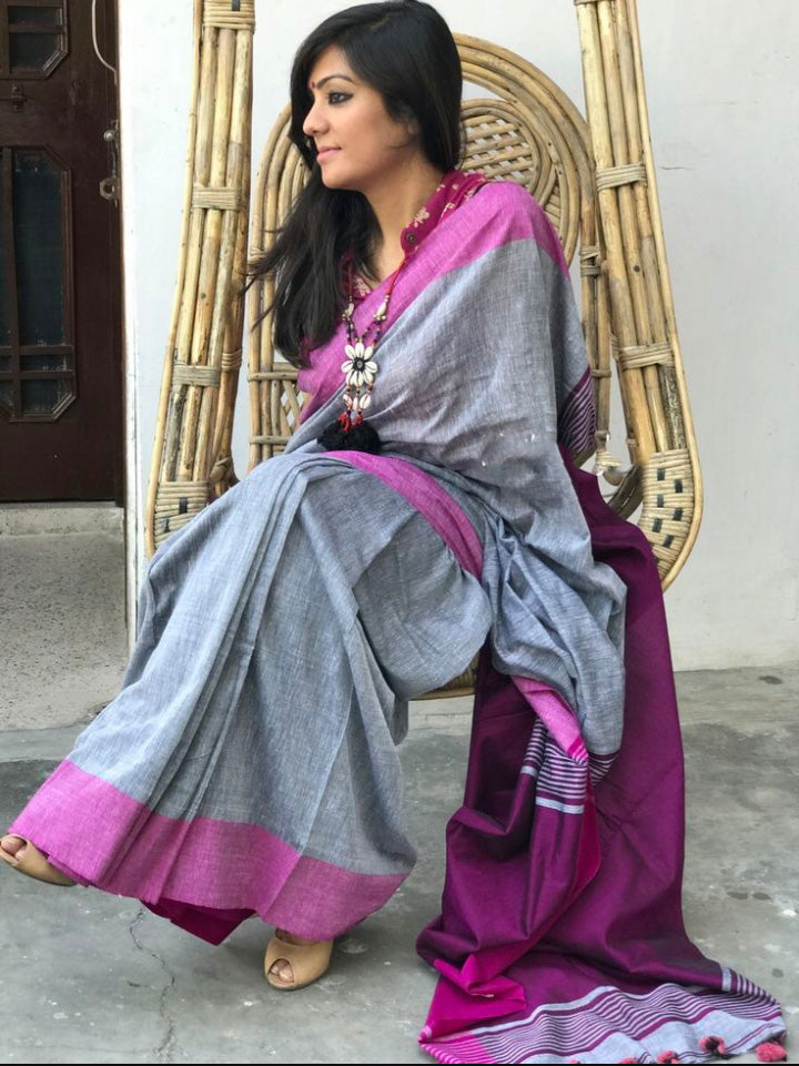 Grey Pink Bengal Handloom Khadi Sarees