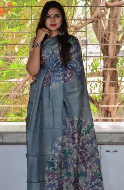 Grey Exclusive Wax Hand Batik Print Pure Silk Mark Certified Bishnupuri Silk Sarees