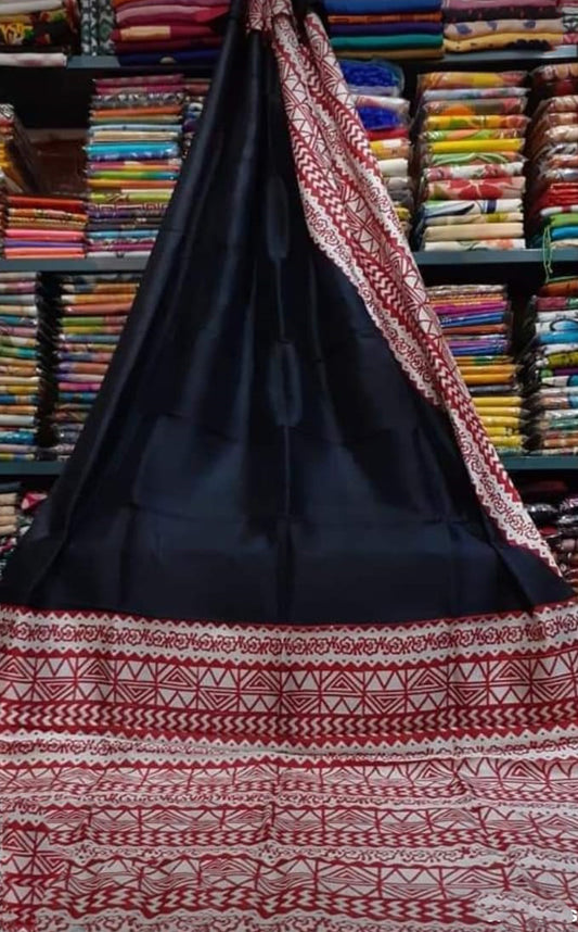 Black Red Block Printed Pure Silk Mark Certified Bishnupuri Silk Sarees