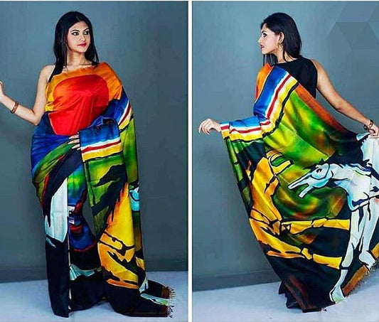 Orange Green Pure Hand Painted Silk Mark Certified Bishnupuri Silk Sarees