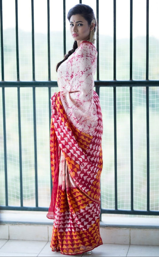 Beige Red Mulmul Batik Sarees