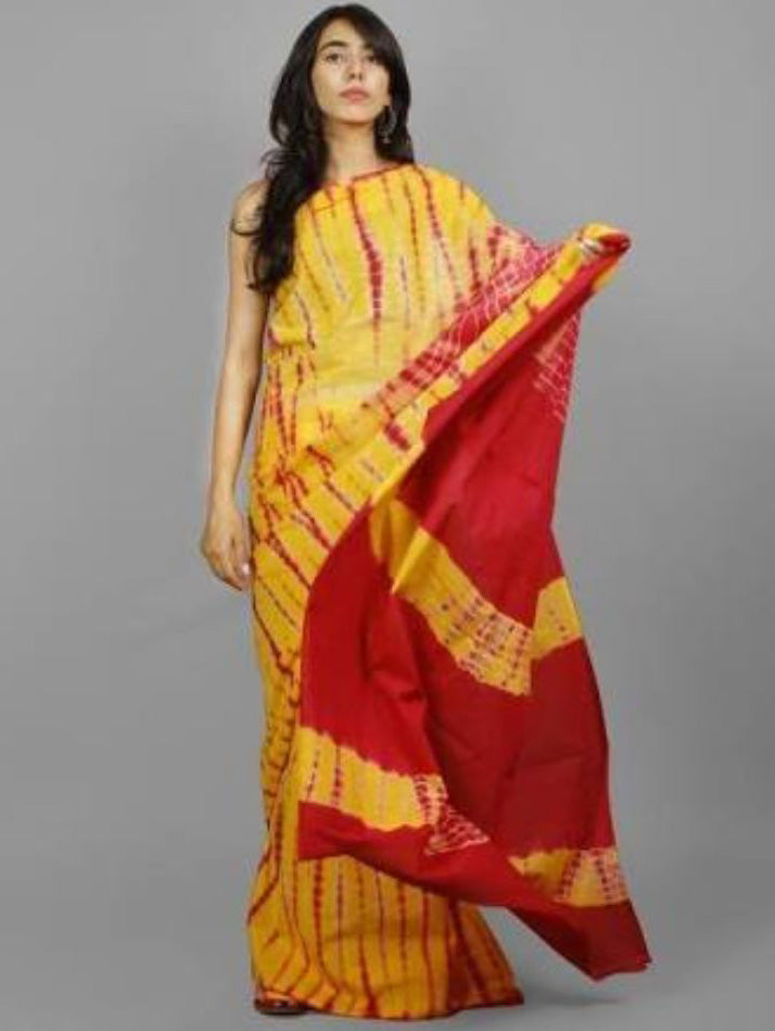 Yellow Red Mulmul Batik Sarees Get Extra 10% Discount on All Prepaid Transaction