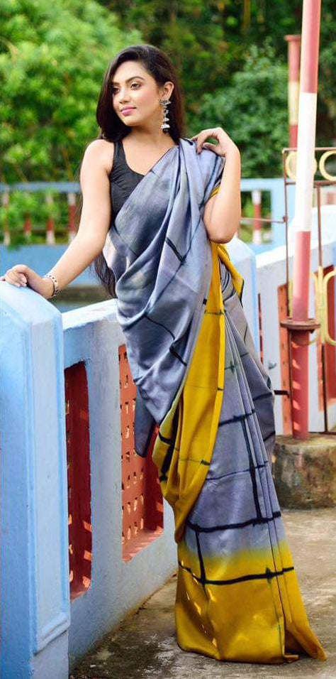 Grey Yellow Mulmul Batik Sarees