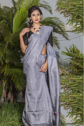 Grey Pure Silk Mark Certified Tussar Ghicha Silk Sarees