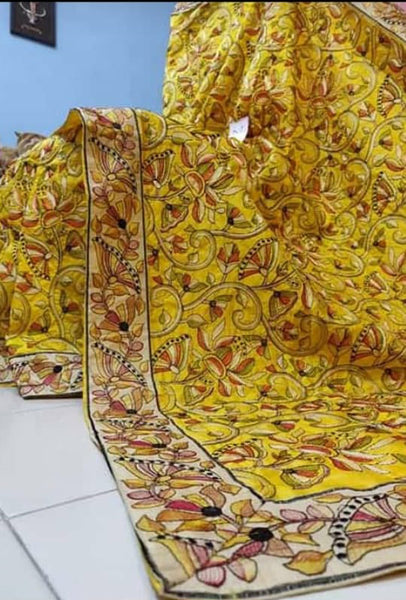 Yellow Kantha Stitch Design Dupion Silk Sarees