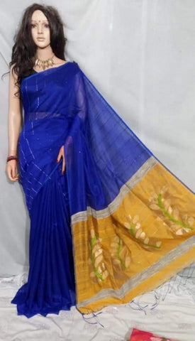 Blue Yellow Handloom Sequence Jamdani Sarees