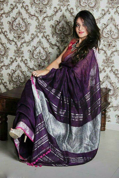 Purple Pure Linen Sarees