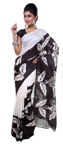 White Black Pure Hand Painted Silk Mark Certified Bishnupuri Silk Sarees