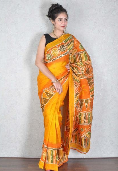 Orange Hand Painted Pure Silk Mark Certified Bishnupuri Silk Sarees