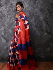 Red Blue Hand Painted Pure Silk Mark Certified Bishnupuri Silk Sarees