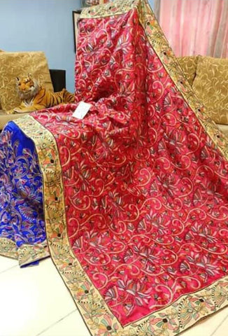 Red Blue Kantha Stitch Design Dupion Silk Sarees Get Extra 10% Discount on All Prepaid Transaction