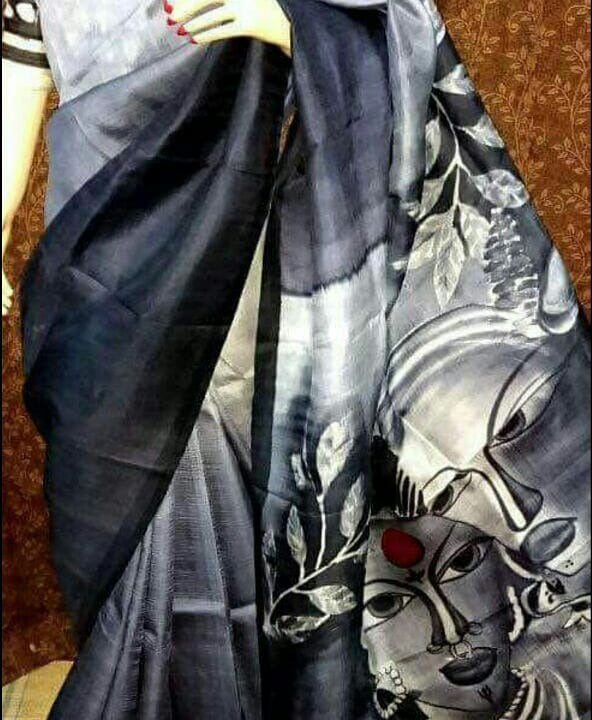 Grey Hand Printed Pure Silk Mark Certified Bishnupuri Silk Sarees