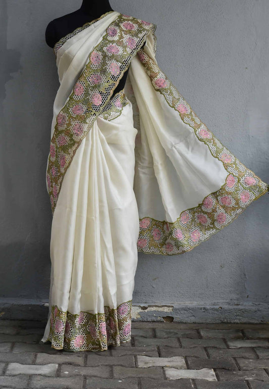 White Cut Work Pure Silk Mark Certified Tussar Silk Sarees