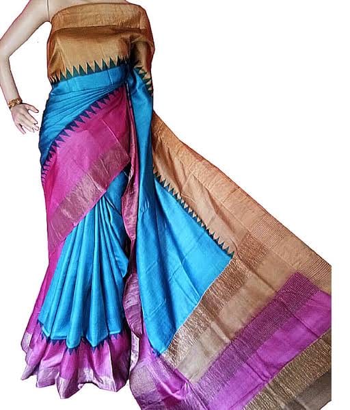 Blue Purple Block Printed Zari Border Pure Silk Mark Certified Tussar Silk Sarees