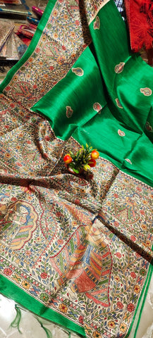 Green Pure Silk Mark Certified Tussar Silk Madhubani Sarees