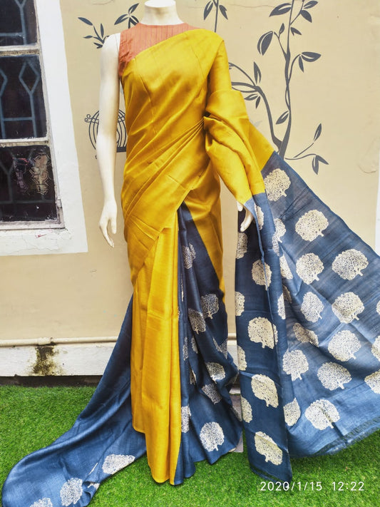 Yellow Discharge Block Printed Pure Silk Mark Certified Bishnupuri Silk Sarees