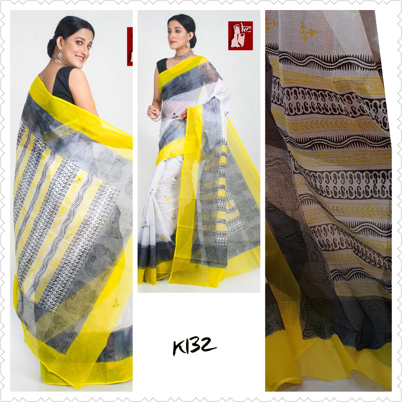 Black Yellow KK Pure Pure Cotton Kota Doriya Sarees