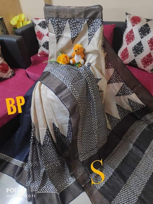 White Black Block Printed Zari Border Pure Silk Mark Certified Tussar Silk Sarees - Dailybuyys
