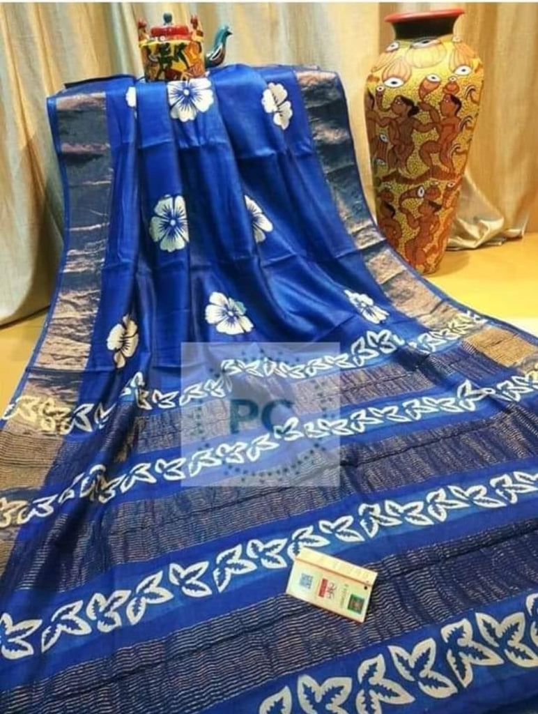 Blue Block Printed Zari Border Pure Silk Mark Certified Tussar Silk Sarees Get Extra 10% Discount on All Prepaid Transaction