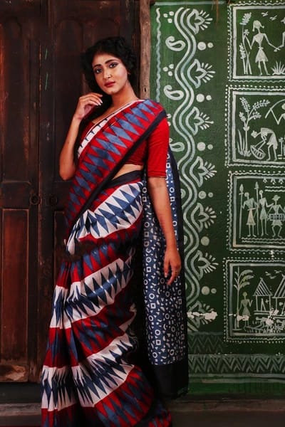 Red Block Printed Pure Silk Mark Certified Bishnupuri Silk Sarees