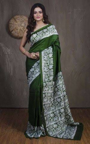 Green Block Printed Pure Silk Mark Certified Bishnupuri Silk Sarees