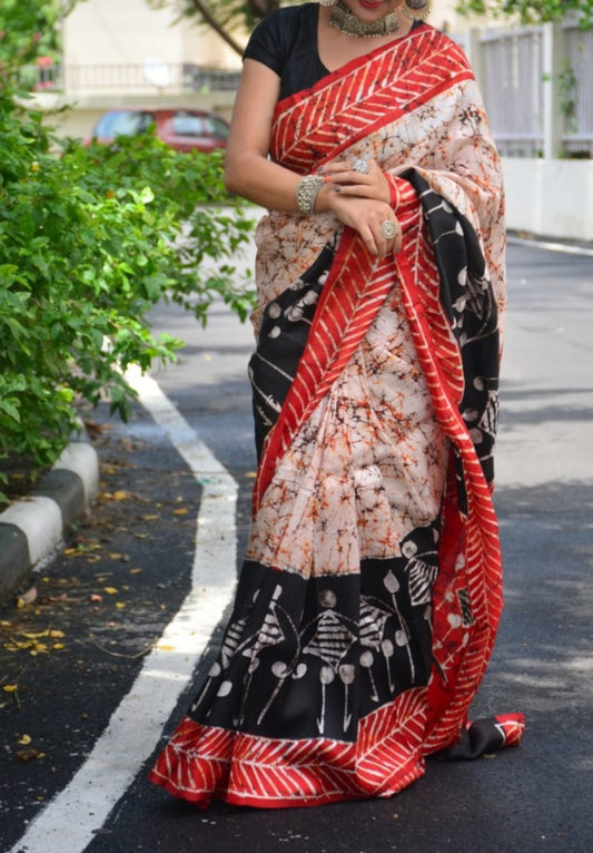 Red Beige Hand Batik Printed Pure Silk Mark Certified Bishnupuri Silk Sarees