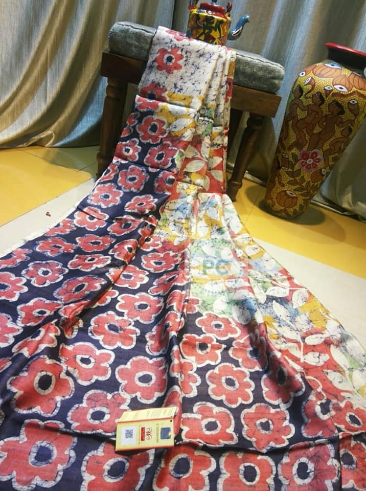 Blue Red Hand Printed Pure Silk Mark Certified Bishnupuri Silk Sarees