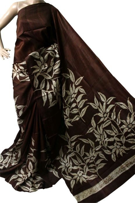 Brown Wax Hand Batik Printed Pure Silk Mark Certified Bishnupuri Silk Sarees