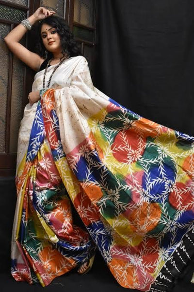Beige Hand Batik Painted Pure Silk Mark Certified Bishnupuri Silk Sarees