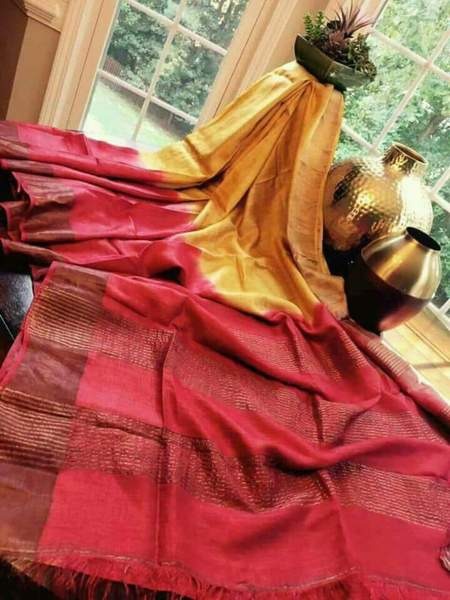 Orange Red Block Printed Zari Border Pure Silk Mark Certified Tussar Silk Sarees