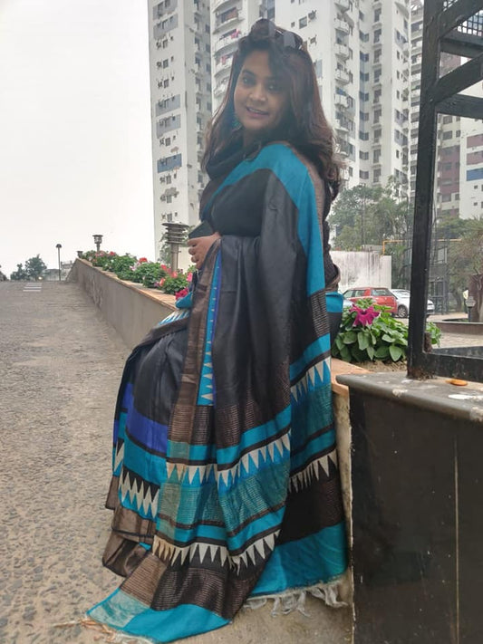 Blue Block Printed Zari Border Pure Silk Mark Certified Tussar Silk Sarees - Dailybuyys