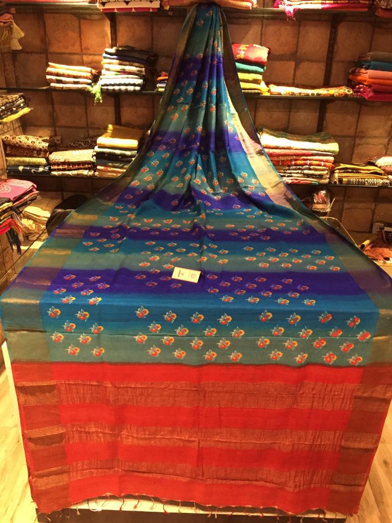 Red Blue Block Printed Zari Border Pure Silk Mark Certified Tussar Silk Sarees