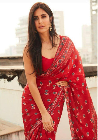 Red Pure Mulmul Batik Sarees Get Extra 10% Discount on All Prepaid Transaction