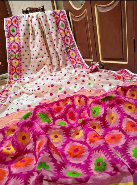 White Pink Designer Woven Soft Jamdani Sarees