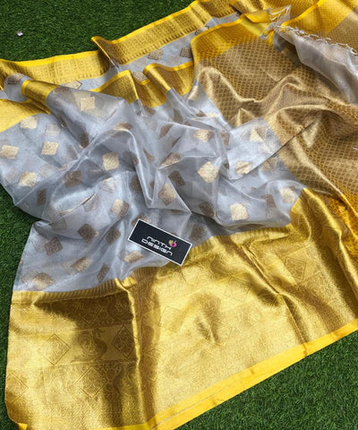 Yellow Handloom Tissue Organza Sarees