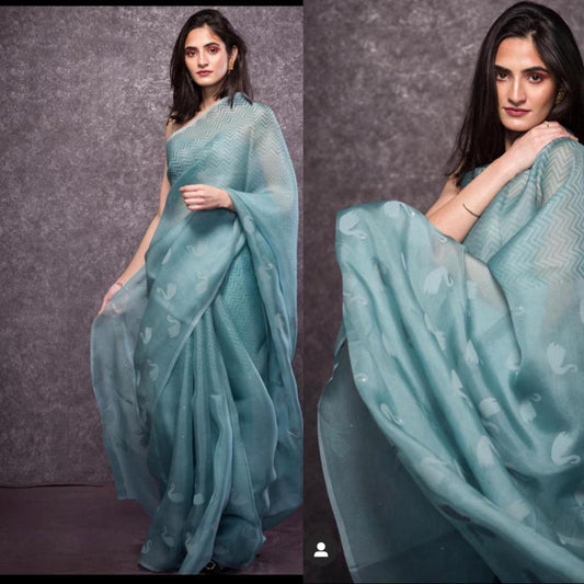 Blue Pure Digital Print Organza Sarees