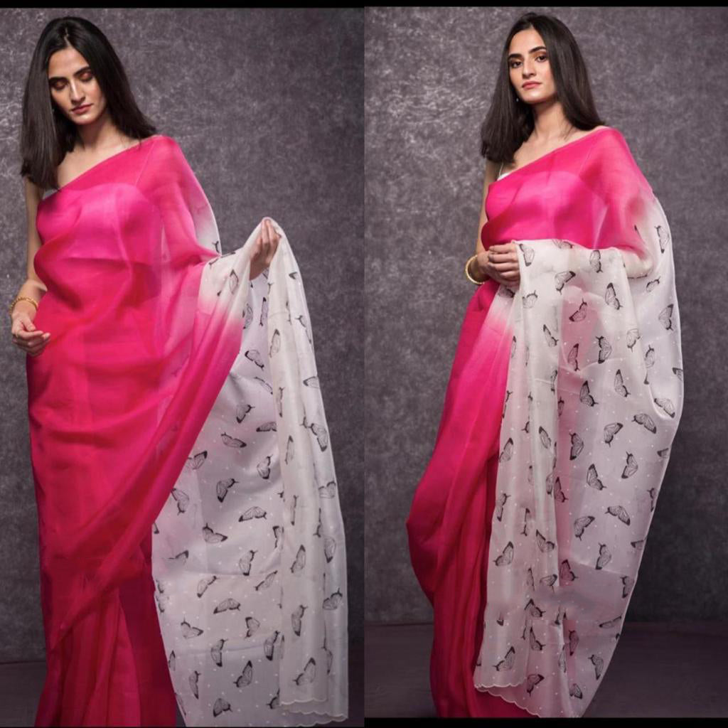 Pink Pure Digital Print Organza Sarees