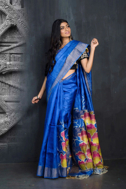 Blue Hand Painted Zari Border Pure Silk Mark Certified Tussar Silk Sarees - Dailybuyys