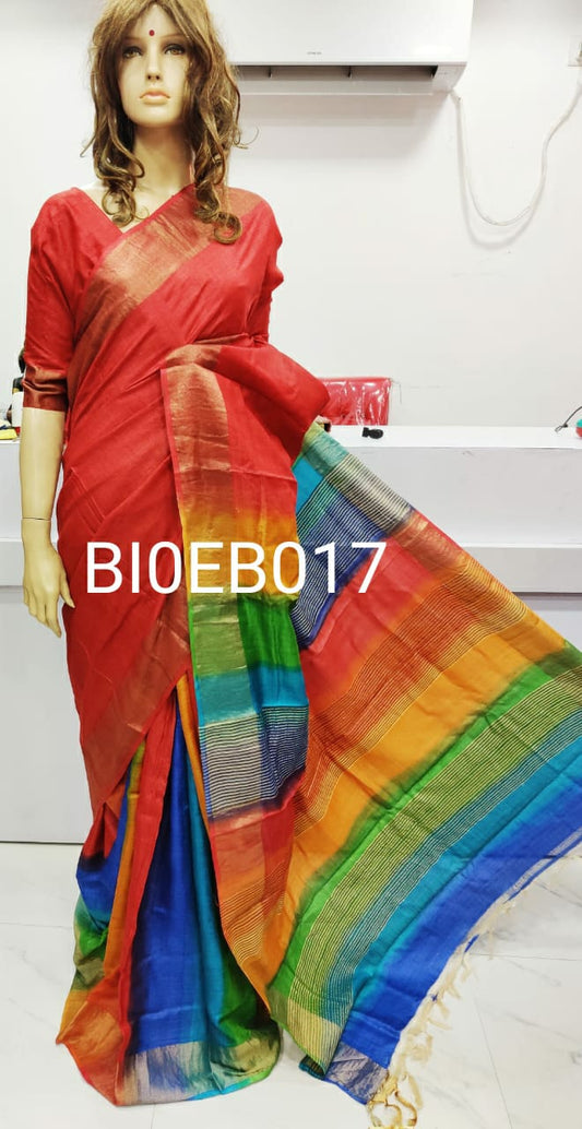 Red Block Printed Zari Border Pure Silk Mark Certified Tussar Silk Sarees - Dailybuyys