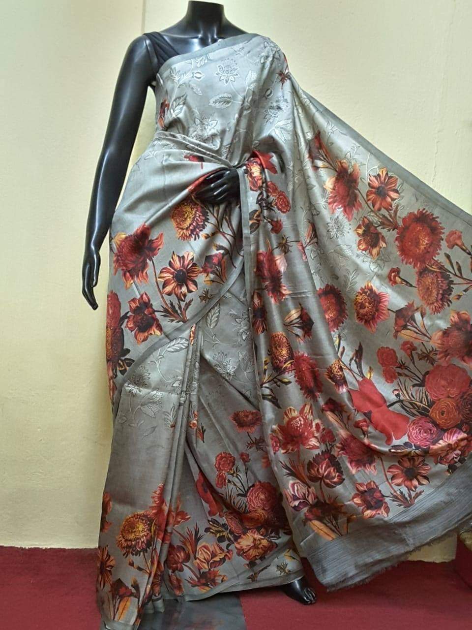 Rust Flower Motif Silvery Grey Hand Painted Plain Pure Silk Mark Certified Tussar Silk Sarees